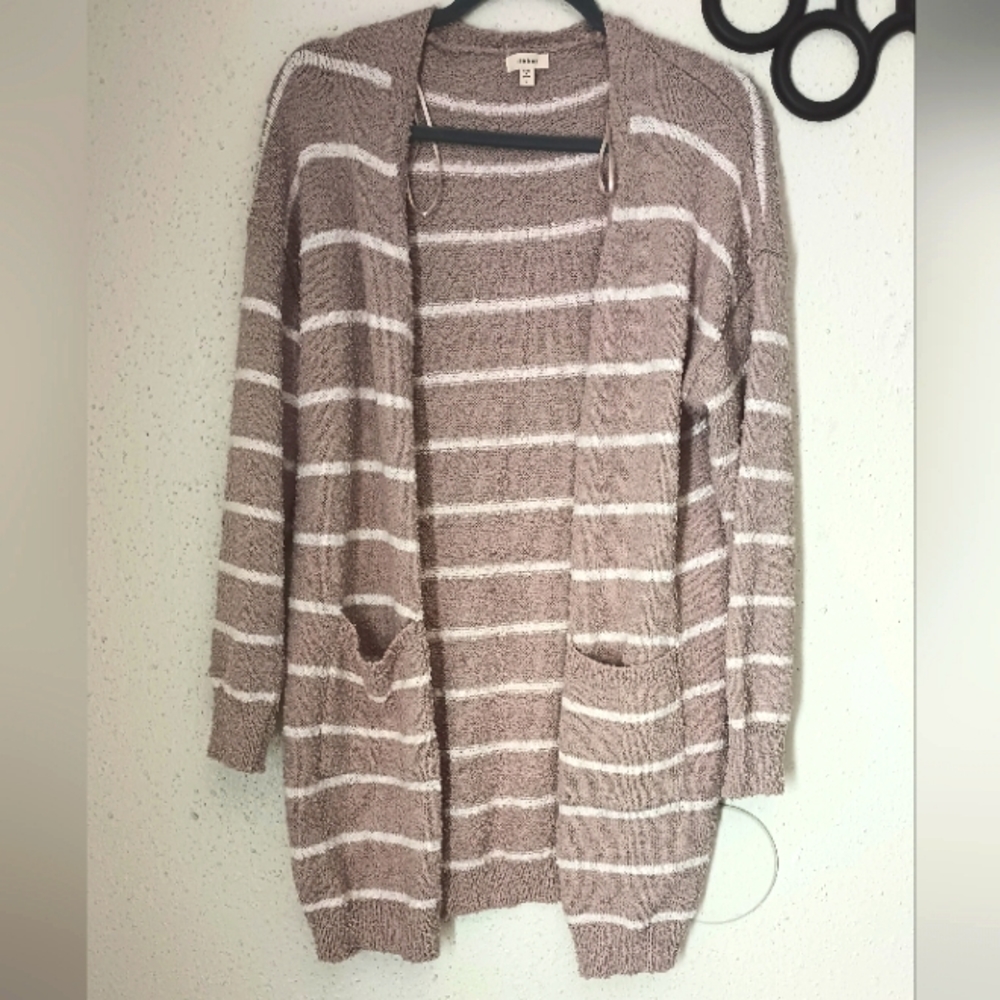 🌻Long Beige Striped Cardigan w/2 pockets (L)
